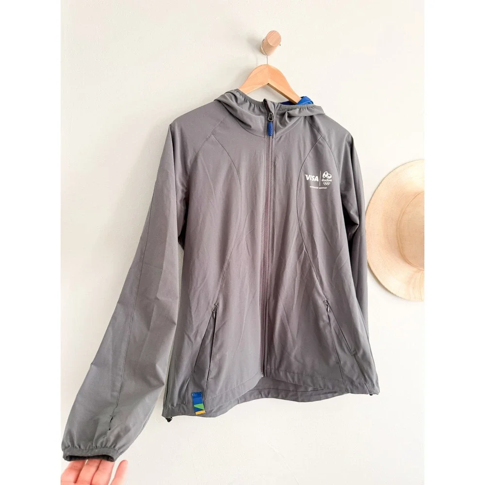 Visa Rio 2016 Olympics Sponsor Hooded Jacket Gray Windbreaker | Sz M